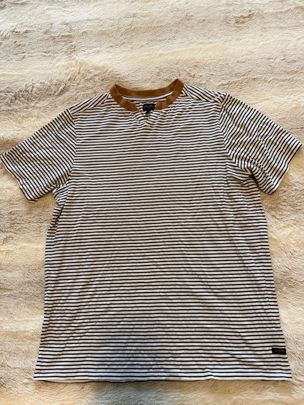Good Man Brand Short Sleeve Tee - Dark Blue Stripes & White with Tan Collar